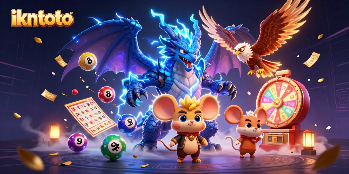 Engage with ikntoto's lively scene featuring dragon, hawk, and lottery elements in vibrant 3D illustration.