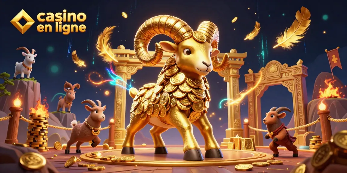Rams d'or défiant les joueurs dans un casino en ligne animé avec des jetons et des pièces de monnaie.