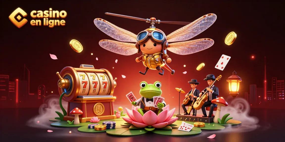 Le casino en ligne présente un pilote de libellule et un croupier grenouille dans une scène riche et dynamique.