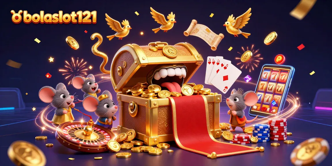Experience bolaslot121's riches with a treasure chest and sparkling casino elements in dynamic 3D illustration.