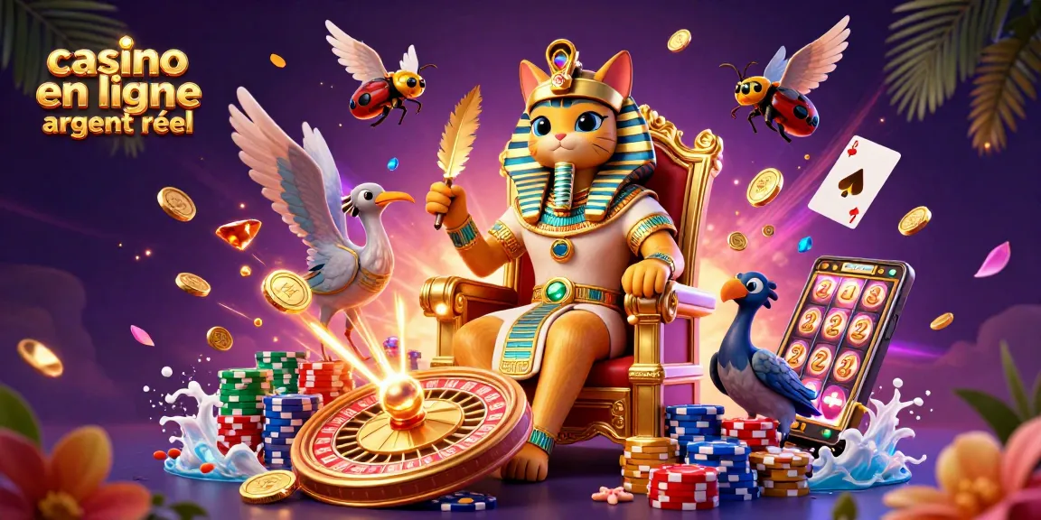 Jouer au casino en ligne argent réel avec un pharaon égyptien, des cartes et des jetons colorés.