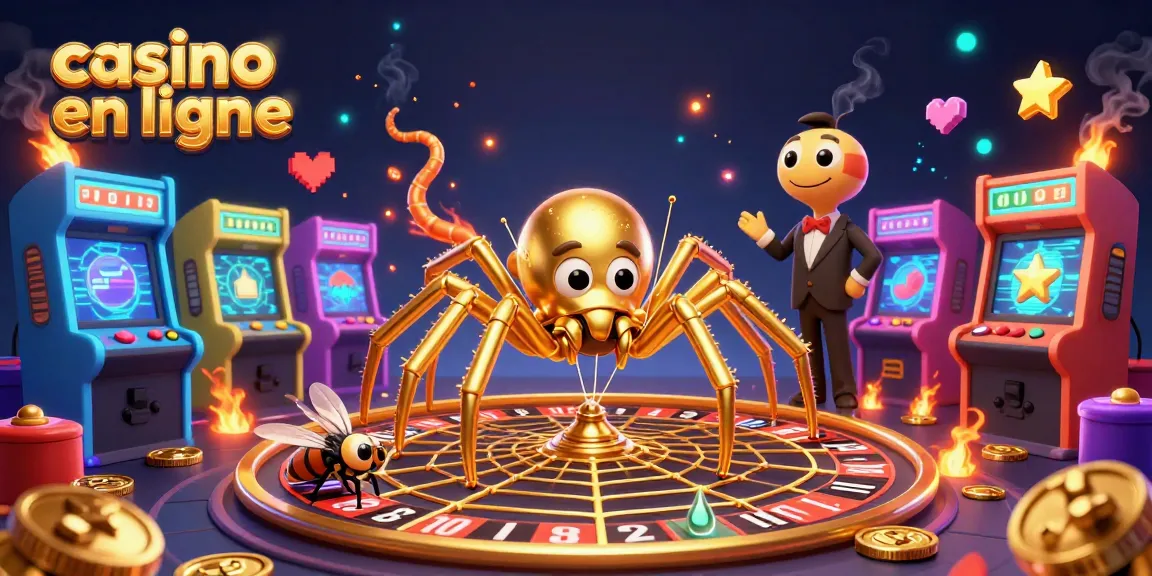 Pariez au casino en ligne avec une araignée dorée et un croupier centipède dans une scène festive.