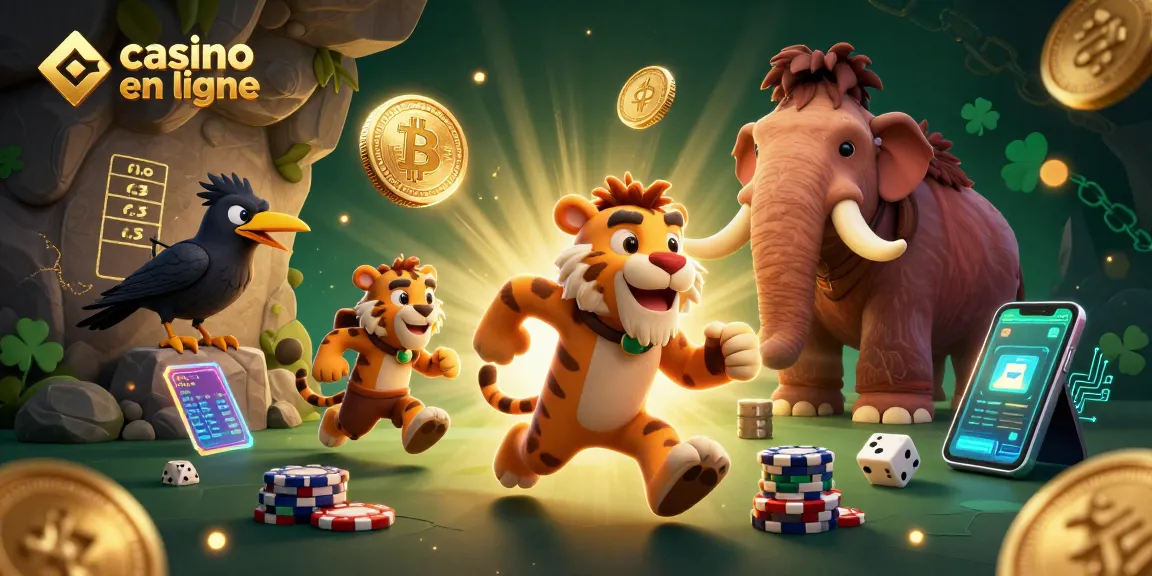 Illustration captivante d'un casino en ligne avec des personnages amusants et des éléments de jeu uniques.