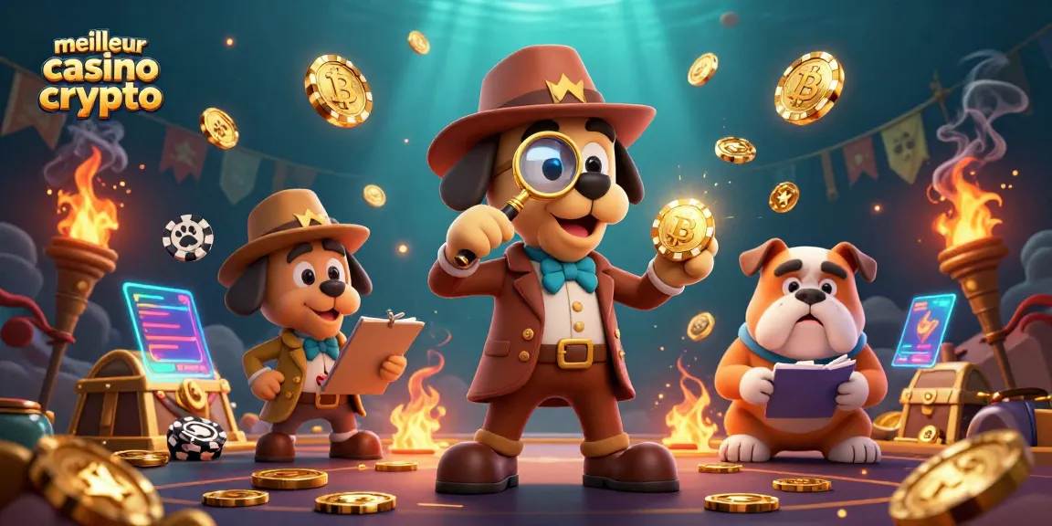 Découvrez le meilleur casino crypto, une scène dynamique avec un détective et un bulldog examinant des jetons en or.