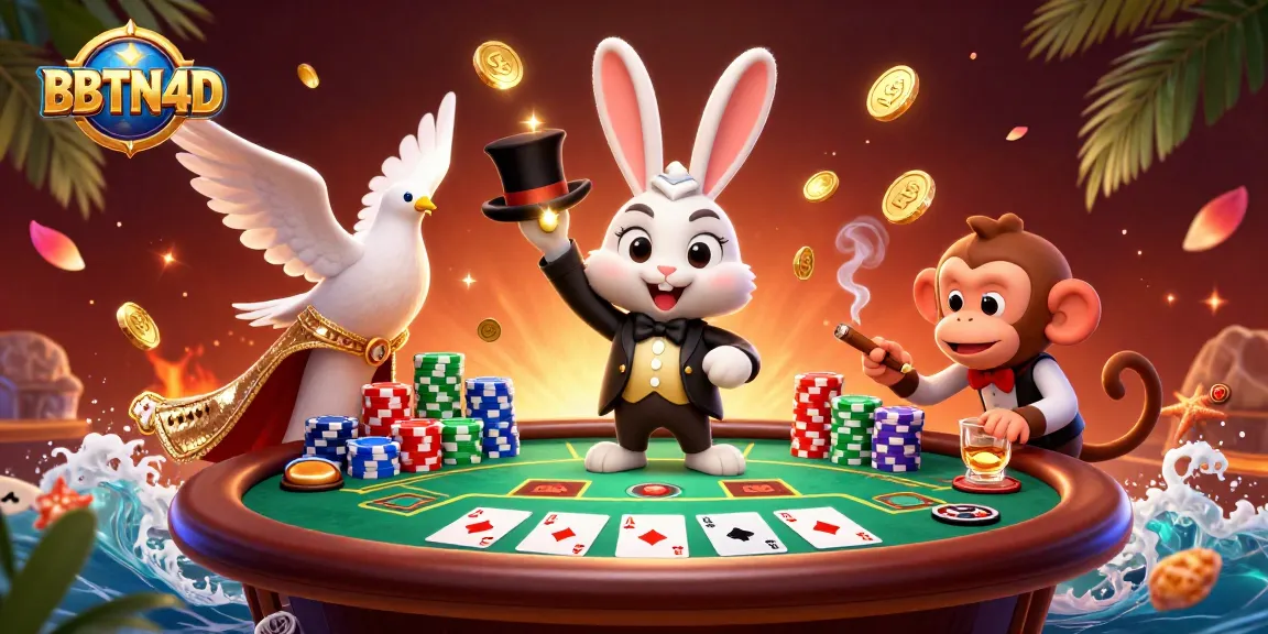 BBTN4D menampilkan gambar 3D kartun dengan efek magis, koin emas, dan suasana kasino.