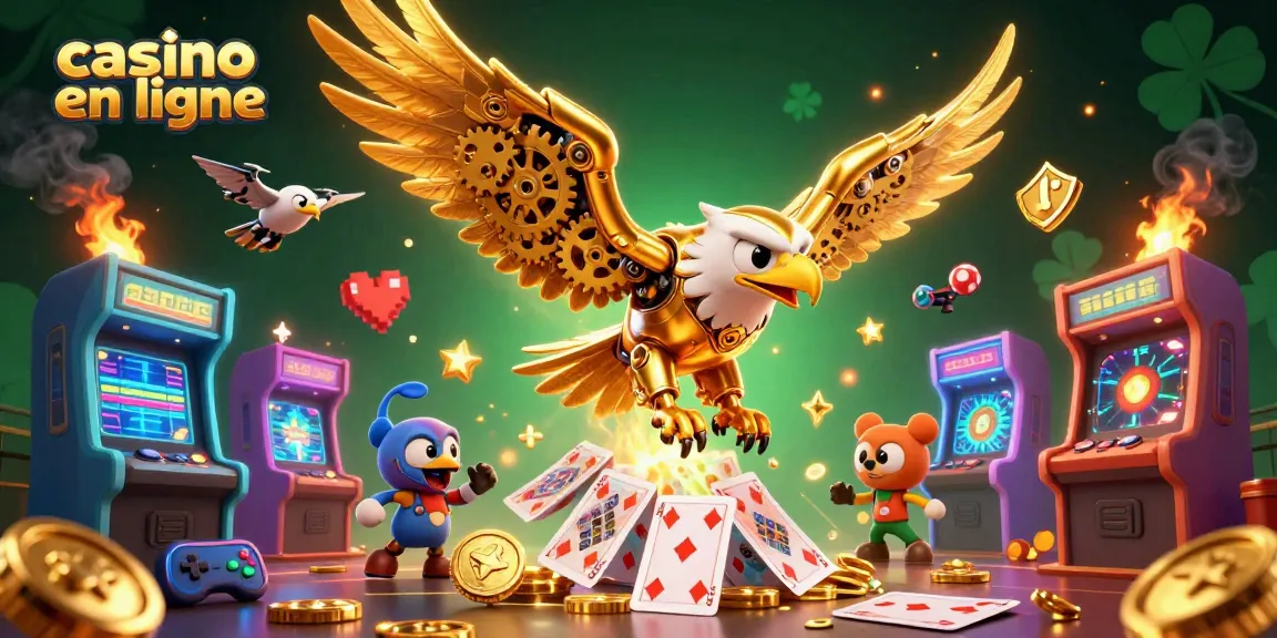 Volez avec un aigle doré dans un univers de casino en ligne, entouré de cartes holographiques.