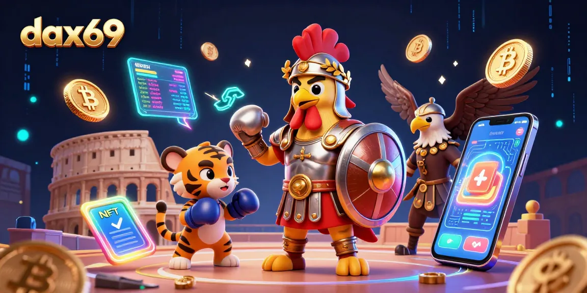 Gambarlah pengalaman luar biasa di dax69 dengan ayam jantan gladiator dan simbol cryptocurrency.