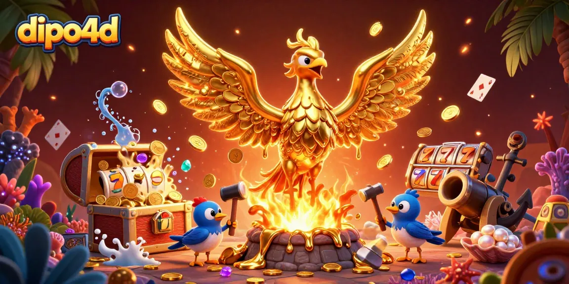 Engage with dipo4d's thrilling phoenix character emerging from a gold forge amidst exciting slot elements.