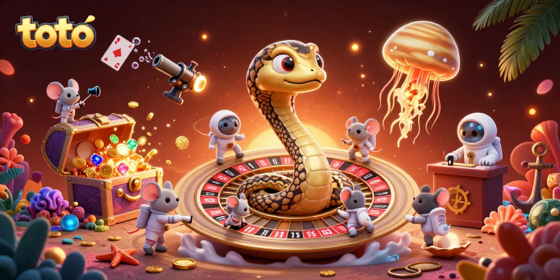 Bermain toto dalam ilustrasi kasino 3D yang menampilkan ular cincin Saturnus dan dealer ubur-ubur.