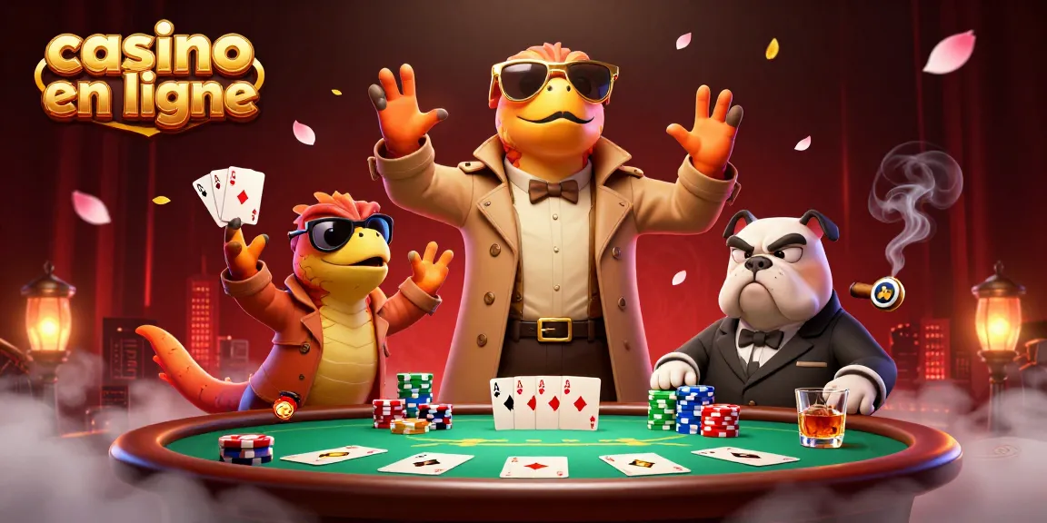 Illustration dynamique de trois raptors en trench coat tentant d'entrer dans un casino en ligne VIP, entourés de jetons et cartes.