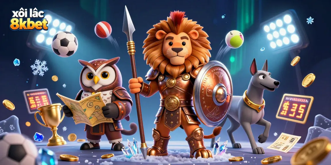 xôi lạc 8xbet showcases an epic 3D scene with a Spartan lion, owl strategist, and greyhound messenger in action.