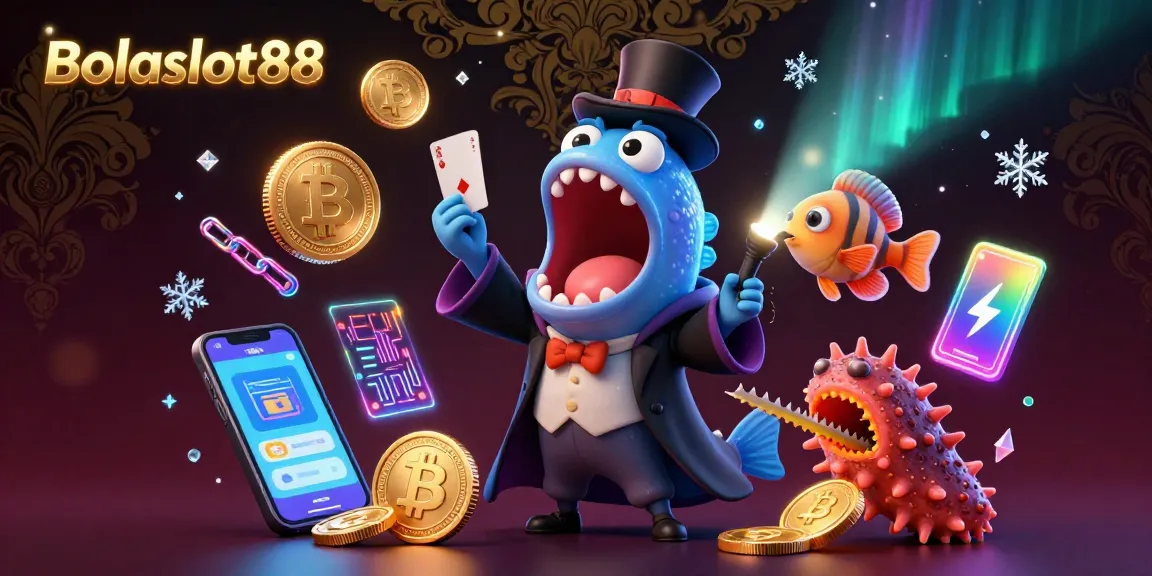 Bolaslot88 showcases an energetic scene with a bioluminescent eel and anglerfish performing a magic act in a vibrant casino.