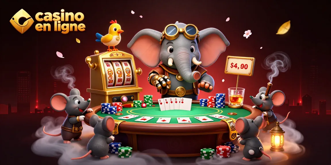 Illustration détaillée d'un casino en ligne avec un éléphant steampunk jouant aux machines à sous.