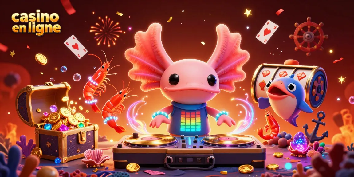 Visitez le casino en ligne avec le DJ axolotl animant une fête sous-marine pleine de trésors.