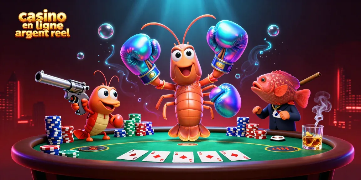 Illustration dynamique mettant en avant le casino en ligne argent réel avec des personnages de crevettes et des éléments de poker.