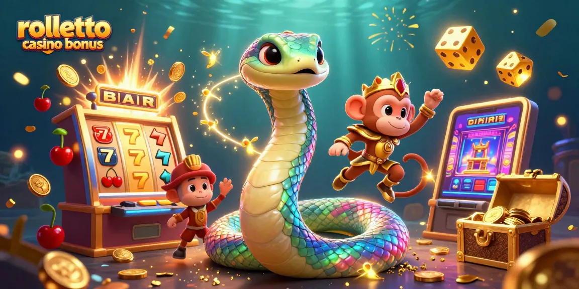 Profitez du bonus Rolletto casino avec un serpent coloré et des machines à sous éclatantes.
