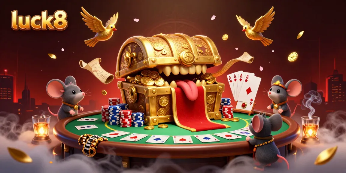 Engage with luck8's vibrant casino scene featuring poker elements, golden treasure, and captivating atmosphere.