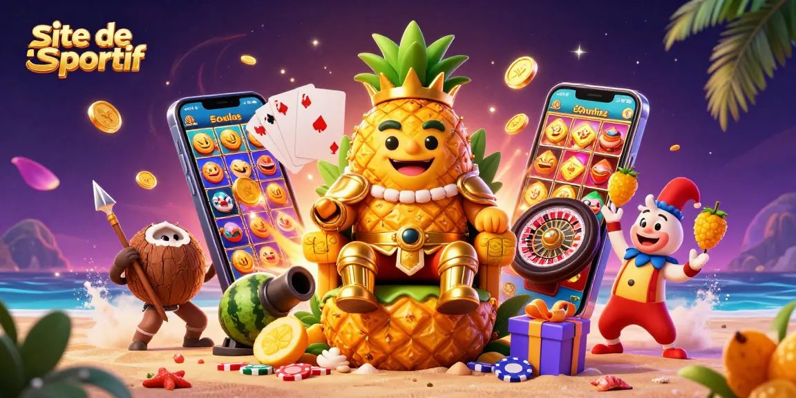Pariez sur le site de paris sportif avec le roi ananas et des éléments de casino colorés.