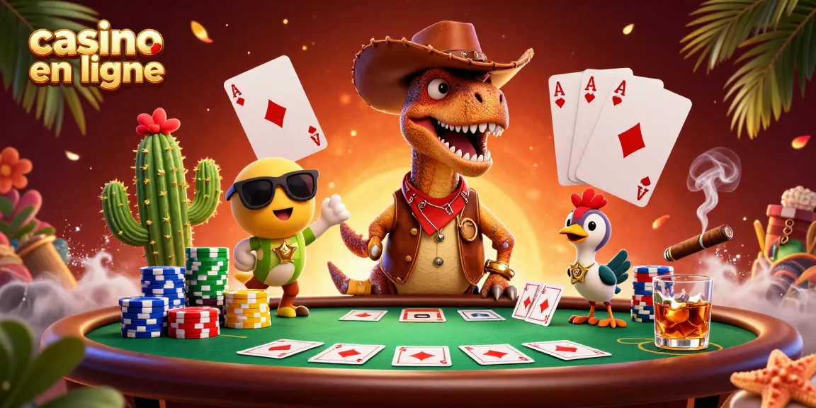 Jouez au casino en ligne avec ce T-Rex cowboy, cactus, et roadrunner dans une scène dynamique de poker.
