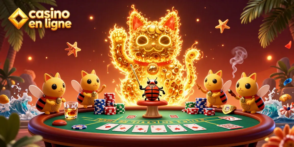 Illustration animée représentant un chat porte-bonheur en feuillage tropical illustrant le casino en ligne dynamique.
