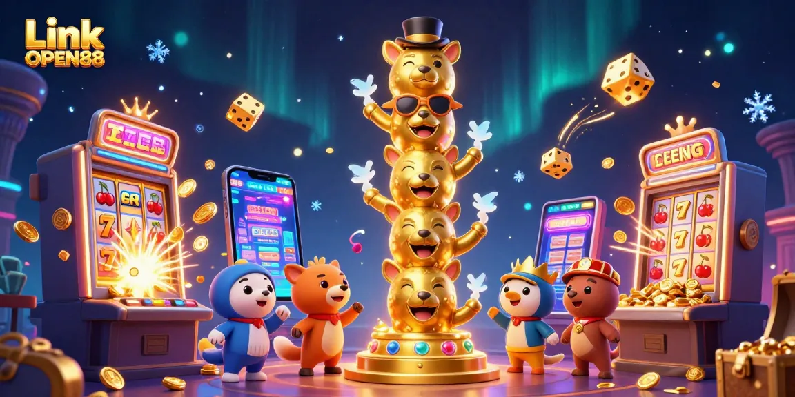 Experience thrilling gaming moments with Link OPEN88 in a vibrant 3D casino scene featuring dynamic symbols and gold.