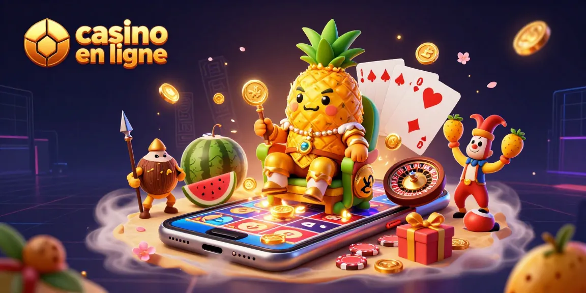 Illustration unique représentant "casino en ligne" avec un roi ananas et des éléments de jeu captivants