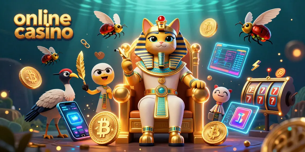 Engage in the online casino with an Egyptian-themed illustration showcasing vibrant slot elements and cryptocurrencies.