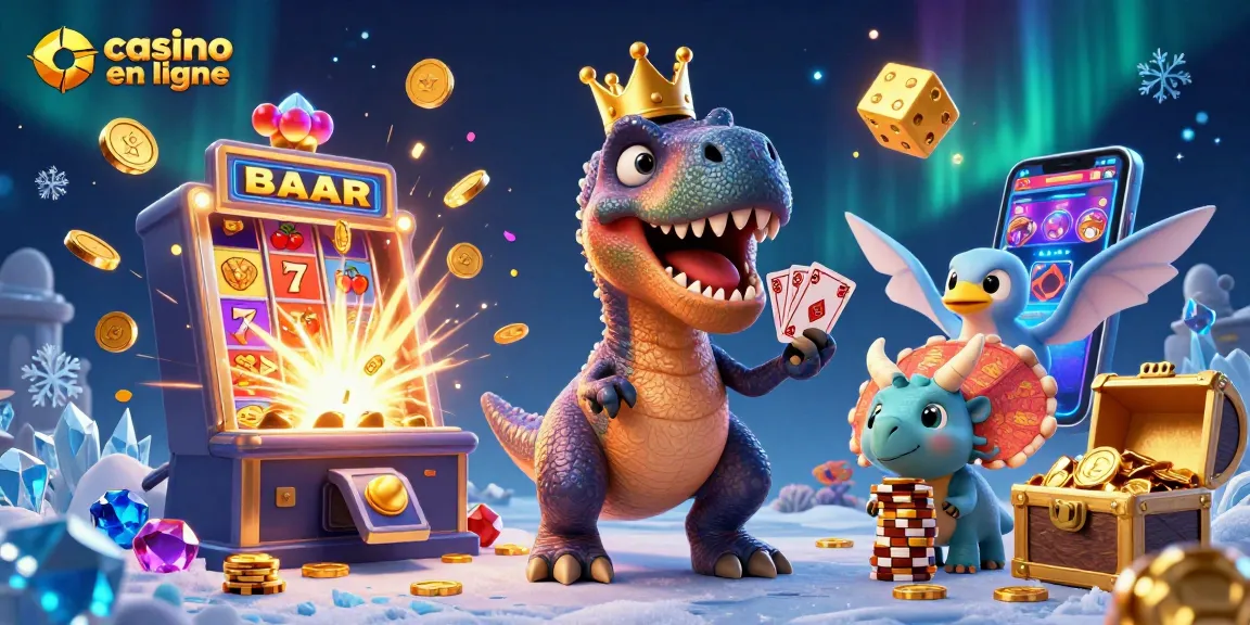 Cartoon du T-Rex en couronne jouant aux cartes dans un casino en ligne coloré.