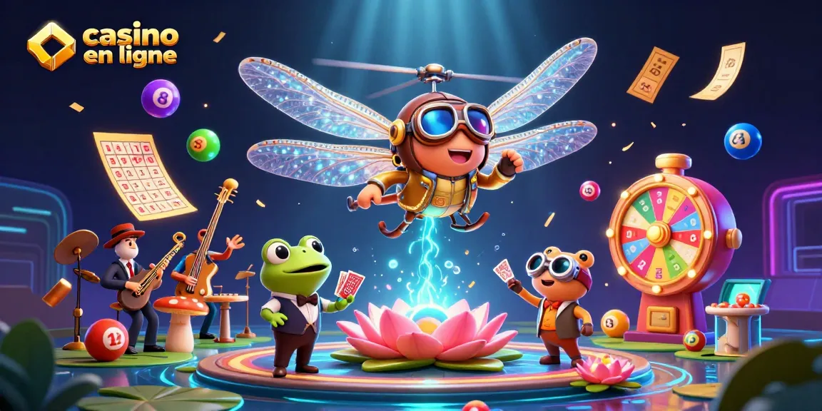 Casino en ligne : un pilote de libellule et un croupier grenouille dans un casino animé.
