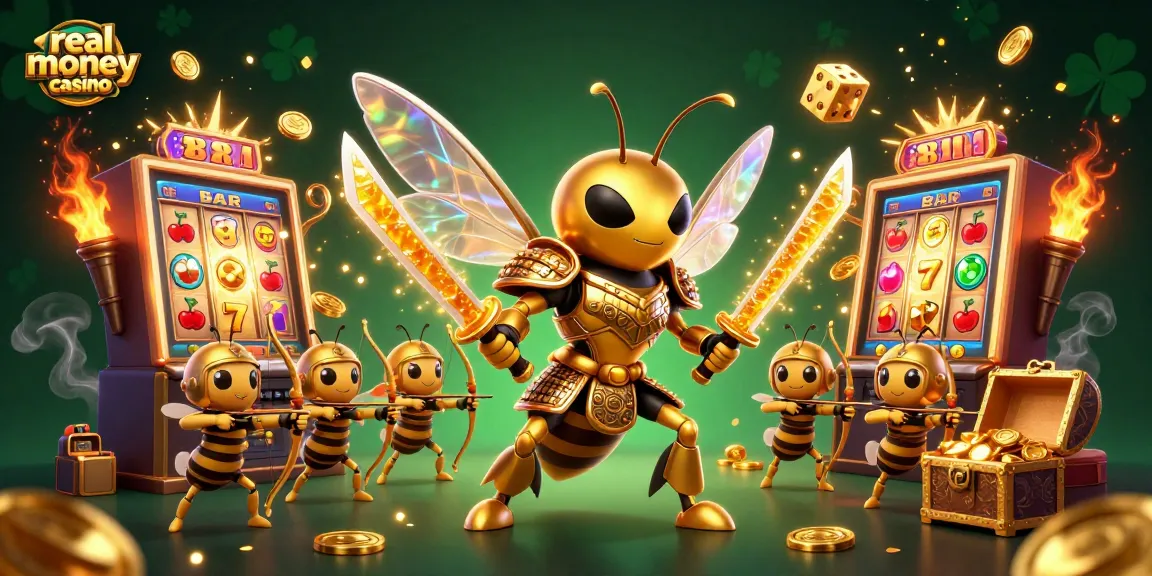 Engage with the real money casino scene featuring vibrant slot machines and a heroic hornet.