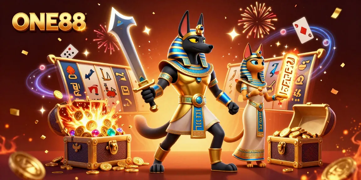 Experience the excitement of ONE88 with Anubis and Bastet amidst slot games and celebratory visuals.