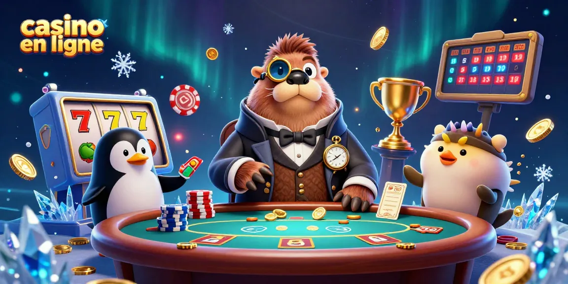 Le jolly morse joue au casino en ligne avec un pingouin croupier et un poisson-globe bluffeur.