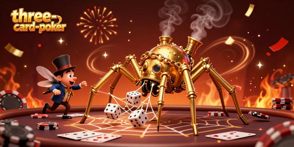 Engage in thrilling three-card-poker action with a golden steampunk spider illustration depicting high-stakes excitement.
