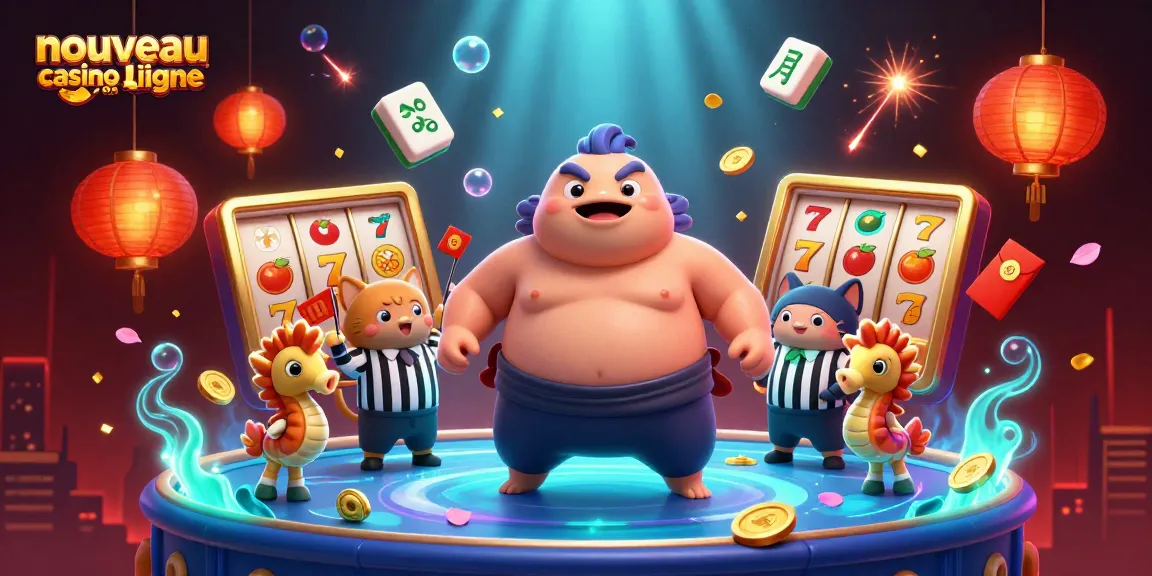 Illustration d'un nouveau casino en ligne avec un fugu sumotori et un arbitre poisson-chat.
