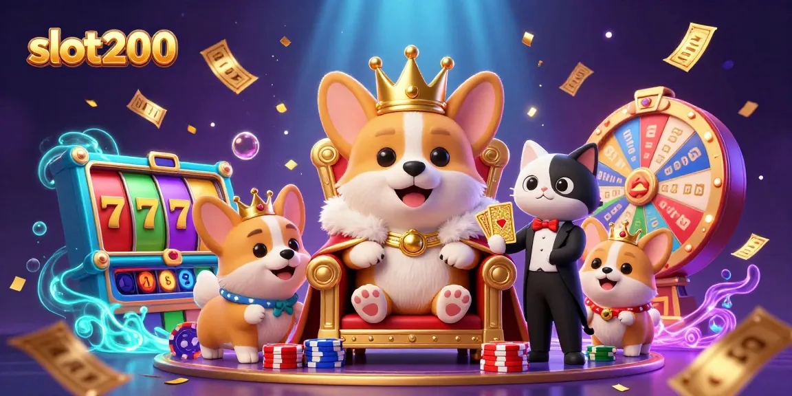 Slot200 menampilkan corgi kerajaan duduk di tahta chip poker dikelilingi elemen slot
