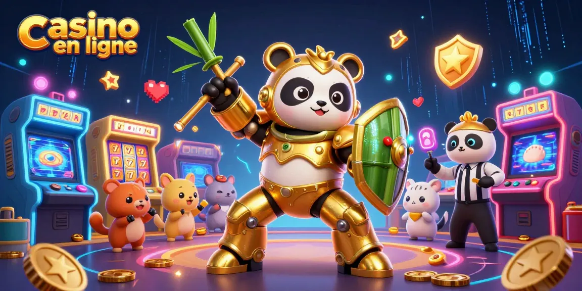 Vivez l'excitation du casino en ligne avec un panda doré dans un robot de combat dans une scène dynamique.