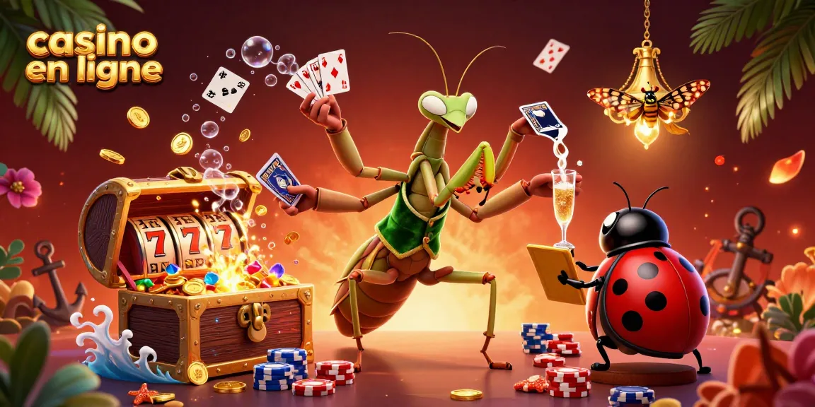 Gagnez au casino en ligne avec ce géant mante religieuse détenant des cartes et des jetons.