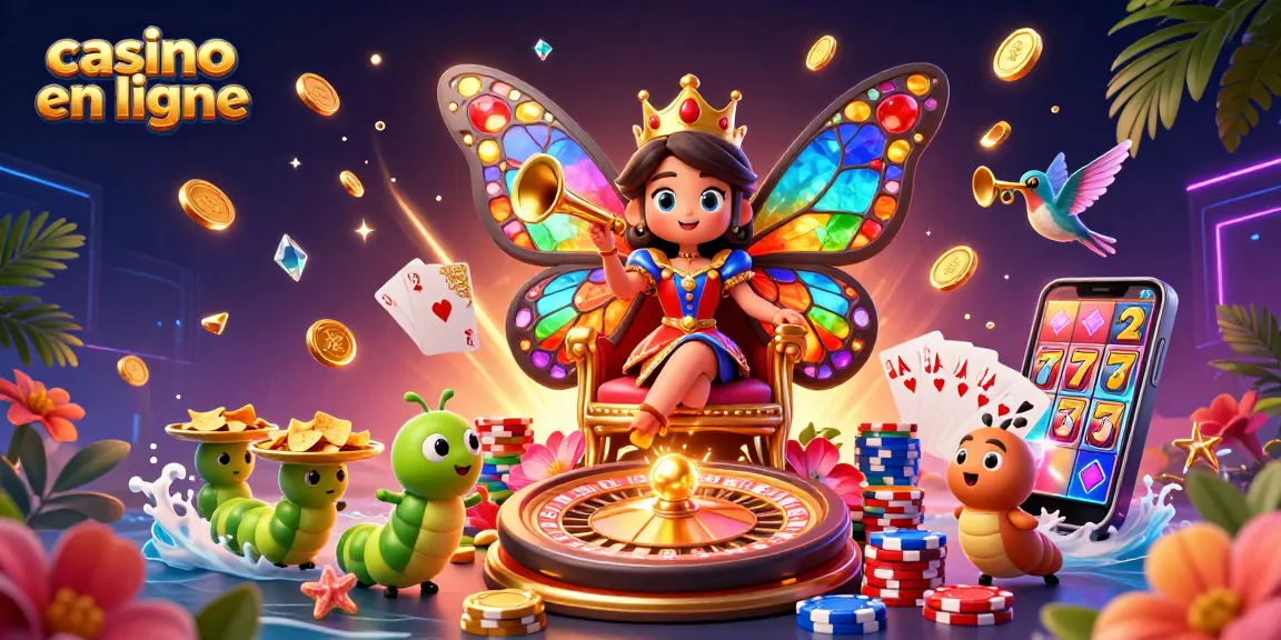 Illustration de casino en ligne avec la reine papillon et des éléments de jeux