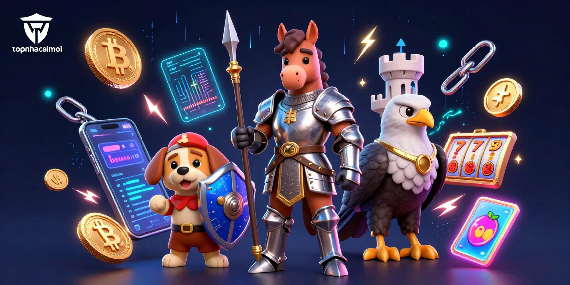 Join topnhacaimoi in an exciting gaming adventure with medieval characters and cryptocurrency elements.