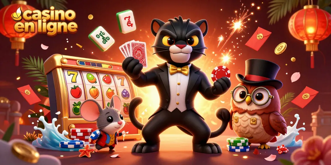 Illustration dynamique de casino en ligne avec une panthère 3D, une chouette et une souris chanceuse autour des jeux de machines à sous.