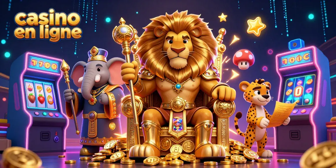 Illustration dynamique d'un casino en ligne avec un roi lion, un éléphant et un guépard.