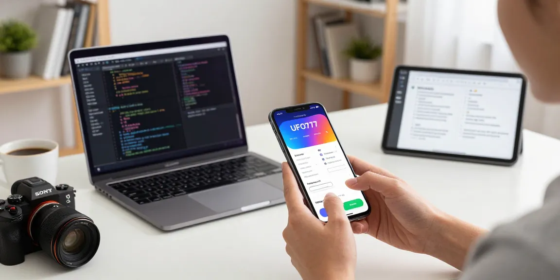 Menampilkan antarmuka aplikasi UFO777 di smartphone dengan pengguna yang sedang berinteraksi, menciptakan pengalaman akses digital yang aman.