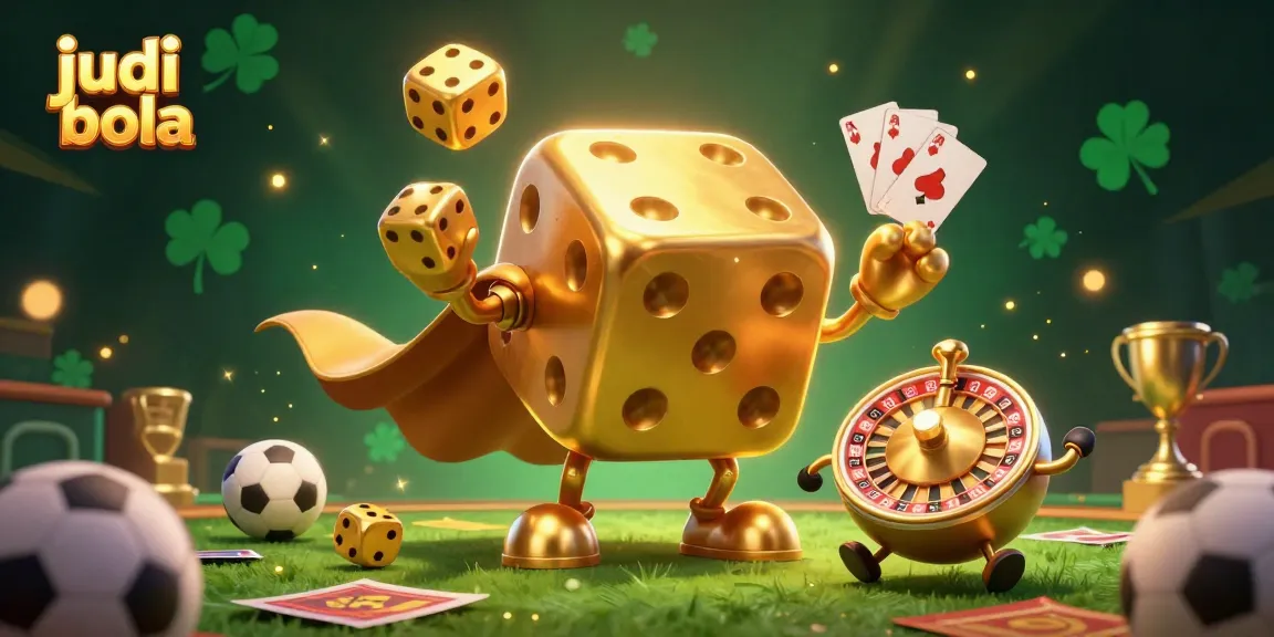 Engage in thrilling judi bola adventures with golden dice and sports elements in a vibrant 3D scene.