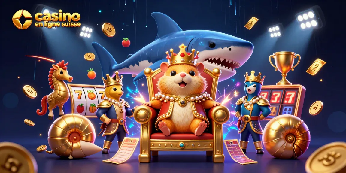 Plongez dans l'univers du casino en ligne suisse avec un roi hamster en or et ses gardes, entourés de machines à sous.