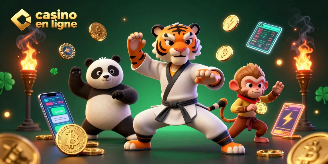 Illustration dynamique d'un tigre maître kung fu et un panda disciple dans un casino en ligne.