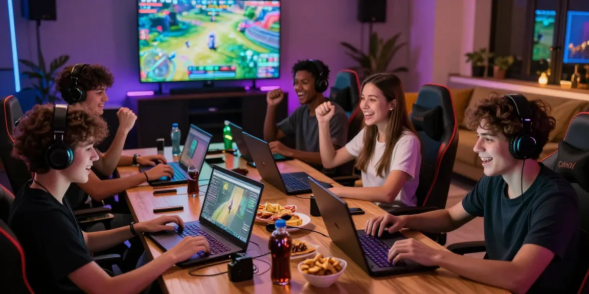 Engaging gaming moment with friends featuring mantra88's online platform, laptops, and vibrant gameplay atmosphere.