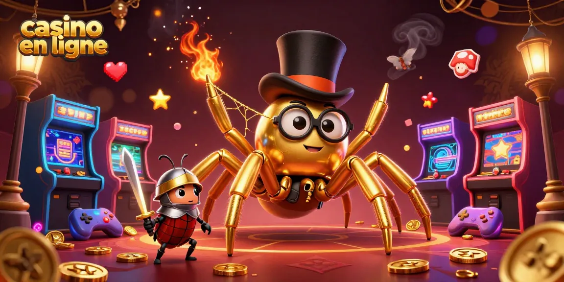Illustration d'un casino en ligne avec une tarentule géante, un chevalier coccinelle et des machines à sous colorées.