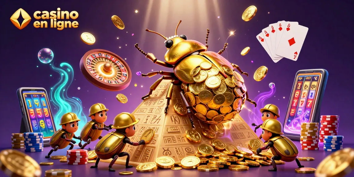 Un casino en ligne dynamique avec des scarabées dorés et des pièces volantes créant une expérience ludique et colorée.