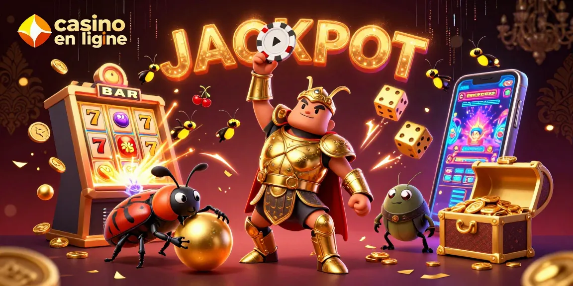 Illustration dynamique de casino en ligne avec un scarabée en armure dorée et un jackpot!