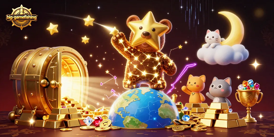 Experience big-gamefishing as a golden constellation bear interacts with treasures in a vibrant casino scene.